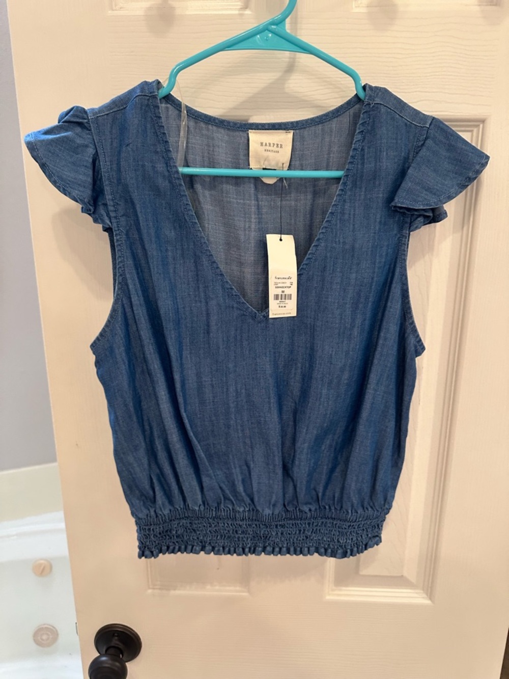 Smocked-Hem Denim-Blue Crop Top with Flutter Sleeves